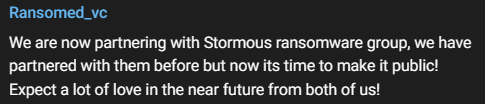 Fig. 20. RansomedVC’s announcement about partnering with Stormous.