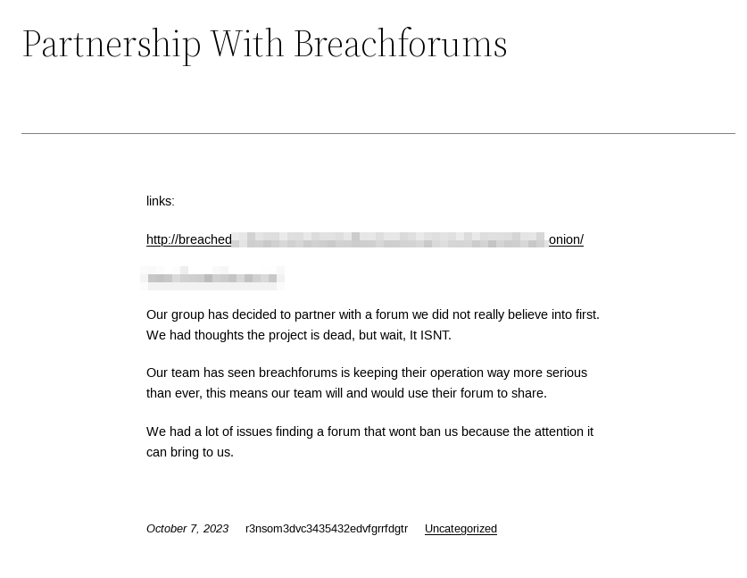 Fig. 2. RansomedVC’s announcement about partnership with BreachForums, dark web fun facts