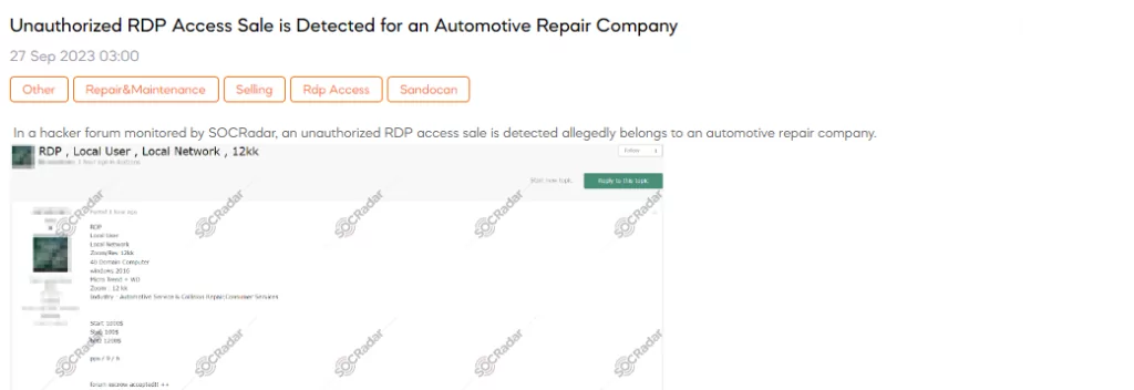 Unauthorized RDP Access Sale is Detected for an Automotive Repair Company