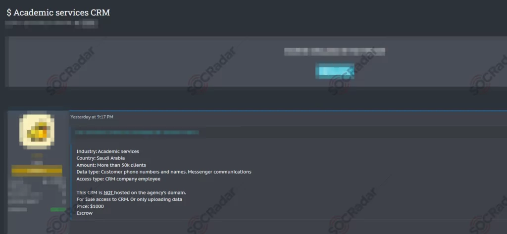 Unauthorized CRM Access Sale is Detected for a Saudi Arabian Academic Services