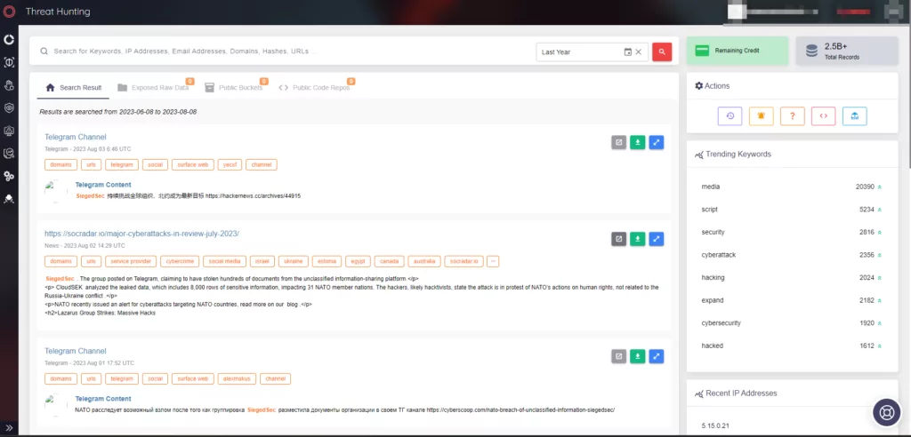 Fig. 17. All resources related to the group or its mentions can be found in the Threat Hunting module of SOCRadar XTI (Source: SOCRadar)