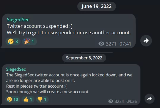 Fig. 3. Some of SiegedSec’s Telegram posts complaining about their Twitter accounts being suspended