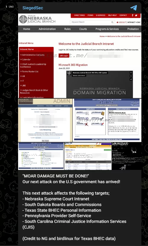 Fig. 15. SiegedSec’s Telegram post about breached US Government websites