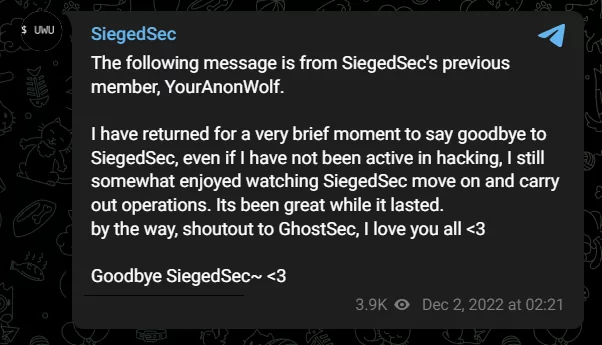 Fig. 4. One of vio's messages leaving SiegedSec