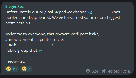 Fig. 5. SiegedSec’s Telegram announcement about its new Telegram channel