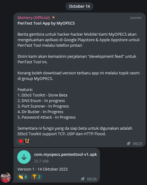 Fig. 4. MyOPECS’ Telegram post of describing its PenTest Tool App and sharing the App’s APK file