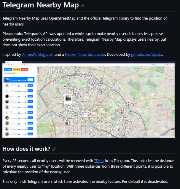 Fig. 10. Telegram Nearby Map’s Github Description, dark web fun facts