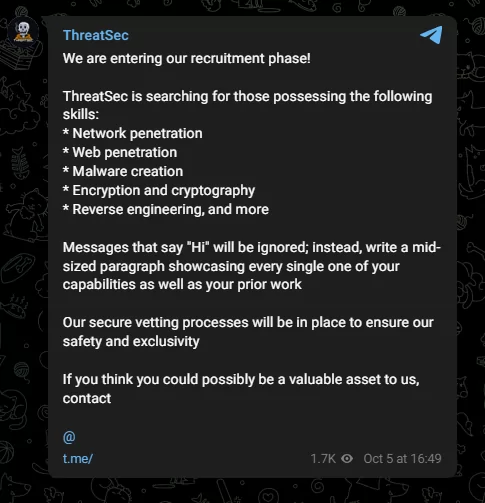 Fig. 8. Publicación de reclutamiento de ThreatSec en Telegram