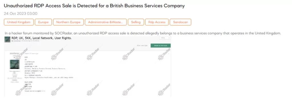 Unauthorized RDP Access Sale is Detected for a British Business Services Company
