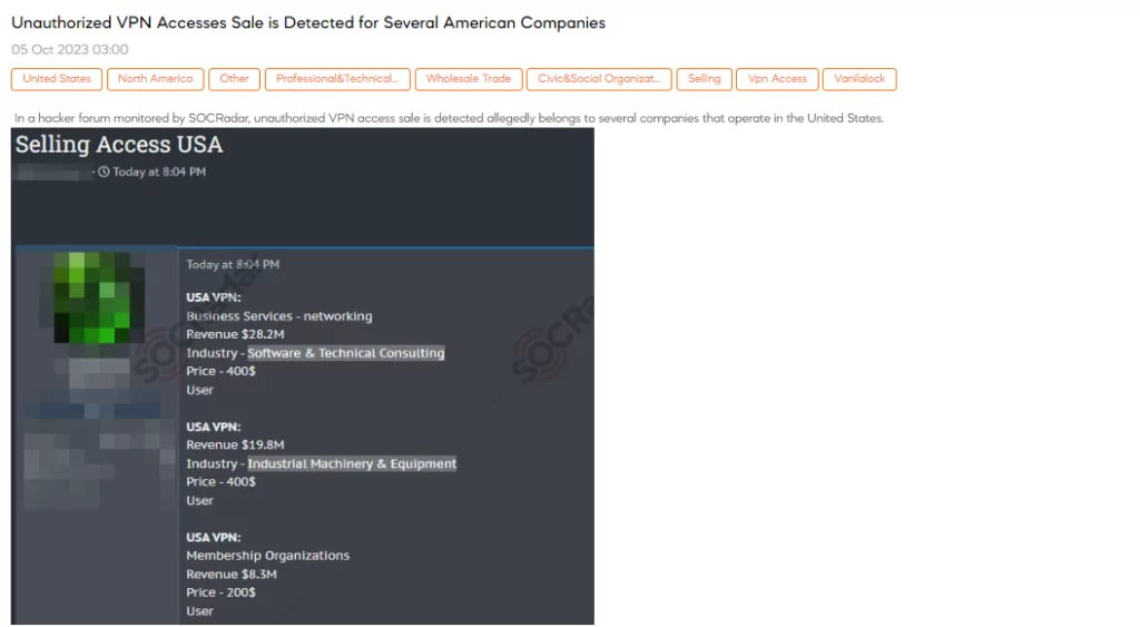 Unauthorized VPN Accesses Sale is Detected for Several American Companies