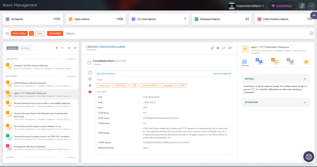 Alarm for a vulnerability affecting an organizational digital asset.