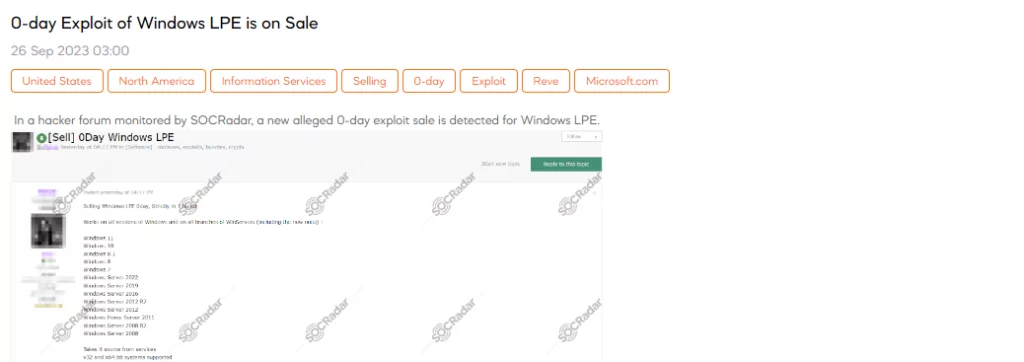 0-day Exploit of Windows LPE is on Sale
