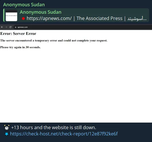 Anonymous Sudan’s Telegram post after 13 hours