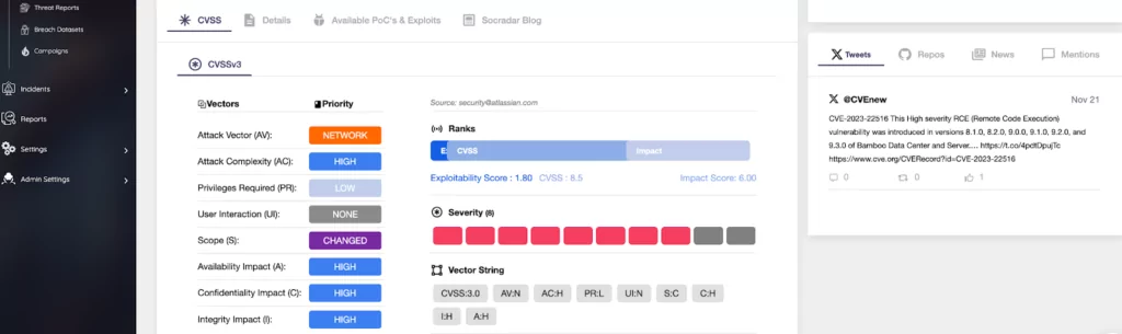 CVSS metrics of CVE-2023-22516 (SOCRadar Vulnerability Intelligence Module)
