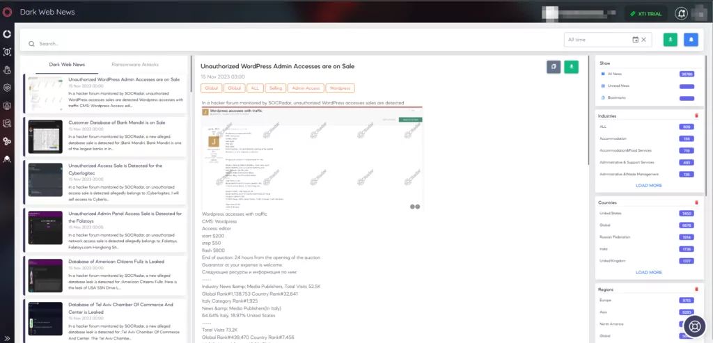 SOCRadar XTI’s Dark Web News page under the CTI Panel (Source: SOCRadar)