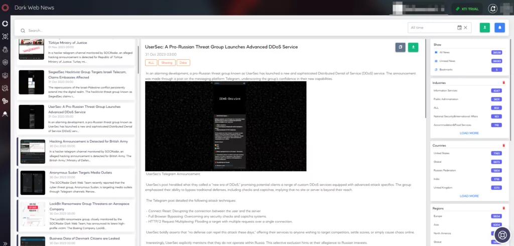 Fig. 12. SOCRadar XTI’s Dark Web News page under the CTI Panel (Source: SOCRadar), dark peep #4
