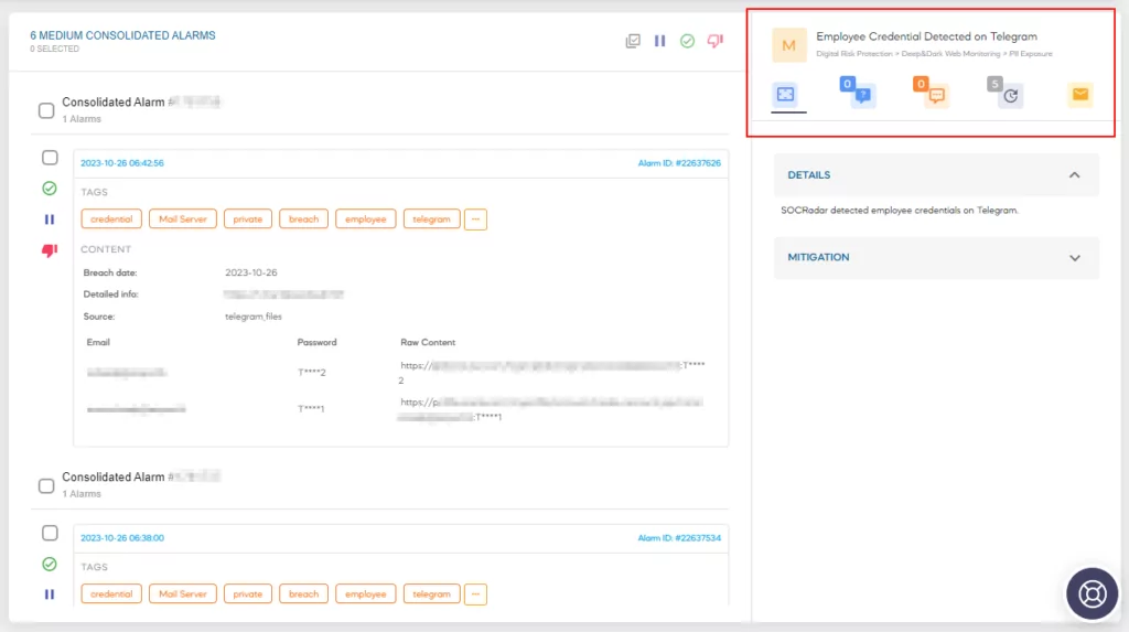 Employee credential detection alarm example on SOCRadar’s Alert Management page.