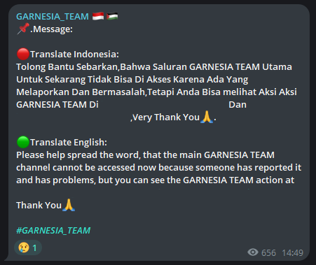 Telegram message of Garnesia Team