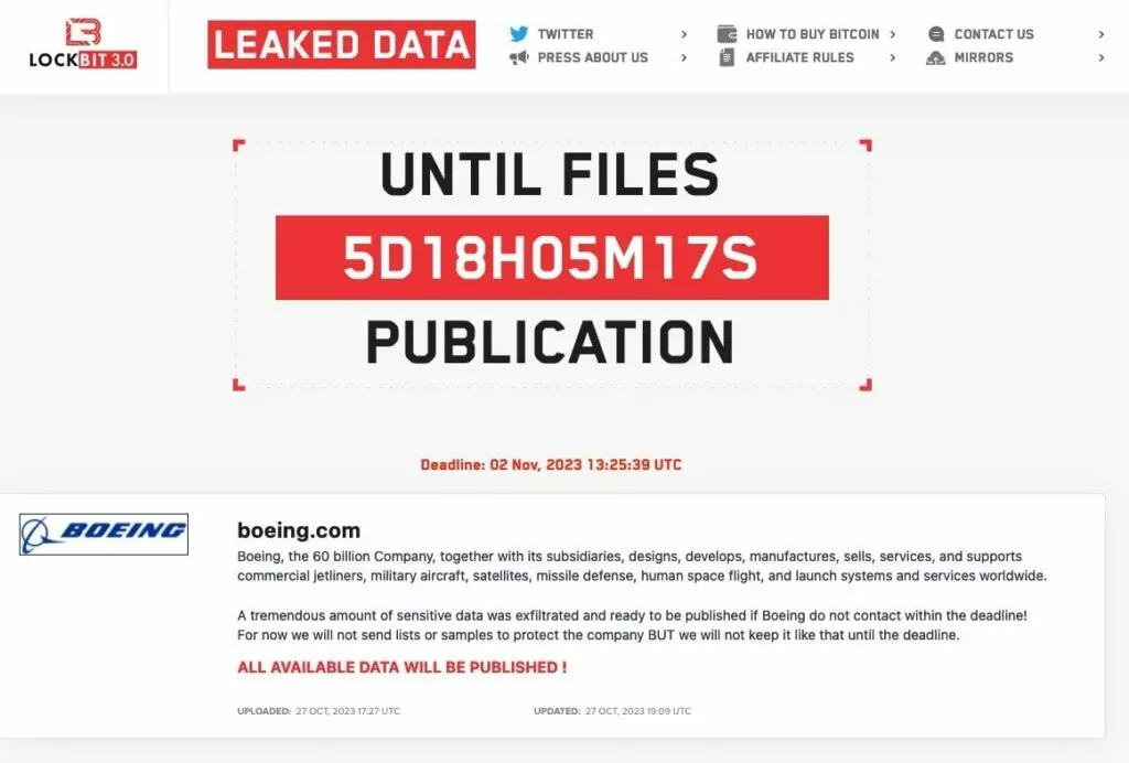 Fig. 1. Lockbit ransomware group listed Boeing on their victims list, counter-ransomware initiative