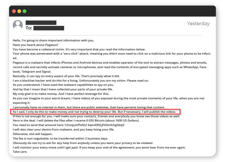 An example of a threatening email for ransom.