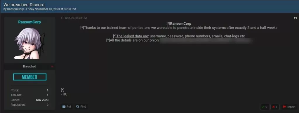 RansomCorp’s BreachForums post about the breach of Discord (Source: X)