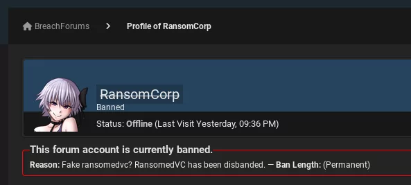 RansomCorp’s banned BreachForums profile (Source: X)