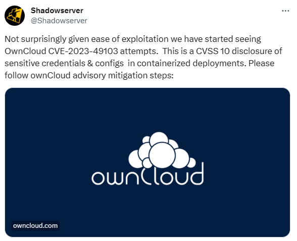 Shadowserver’s warning about the ownCloud vulnerability (X) 
