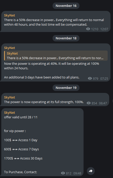 SkyNet’s Telegram posts