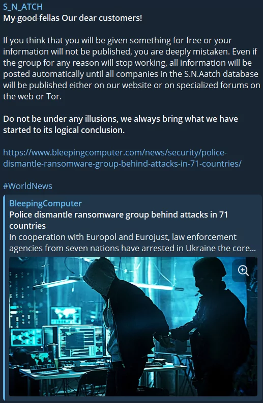 Snatch’s Telegram post about the recent Europol operation