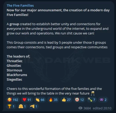 Primer post de Las Cinco Familias en su canal de Telegram