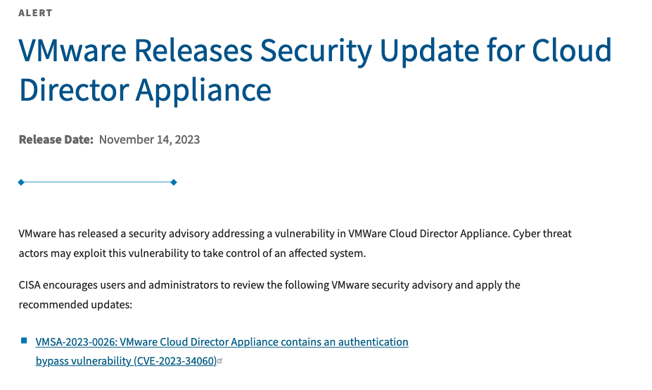 CISA’s alert for the vulnerability, VMware Cloud Director Appliance - CVE-2023-34060