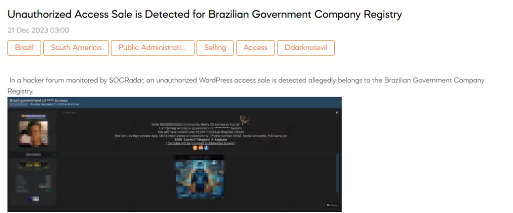Unauthorized Access Sale is Detected for Brazilian Government Company Registry