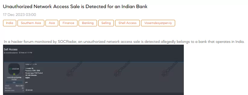 Unauthorized Network Access Sale is Detected for an Indian Bank