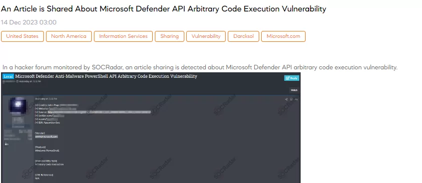 An Article is Shared About Microsoft Defender API Arbitrary Code Execution Vulnerability