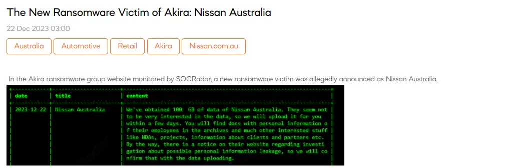 The New Ransomware Victim of Akira: Nissan Australia, disney nissan the economist
