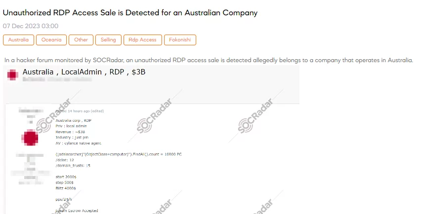 Unauthorized RDP Access Sale is Detected for an Australian Company