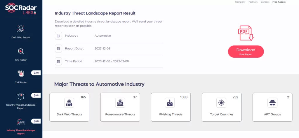 You can download the free Automotive Industry Threat Landscape Report from SOCRadar Labs.