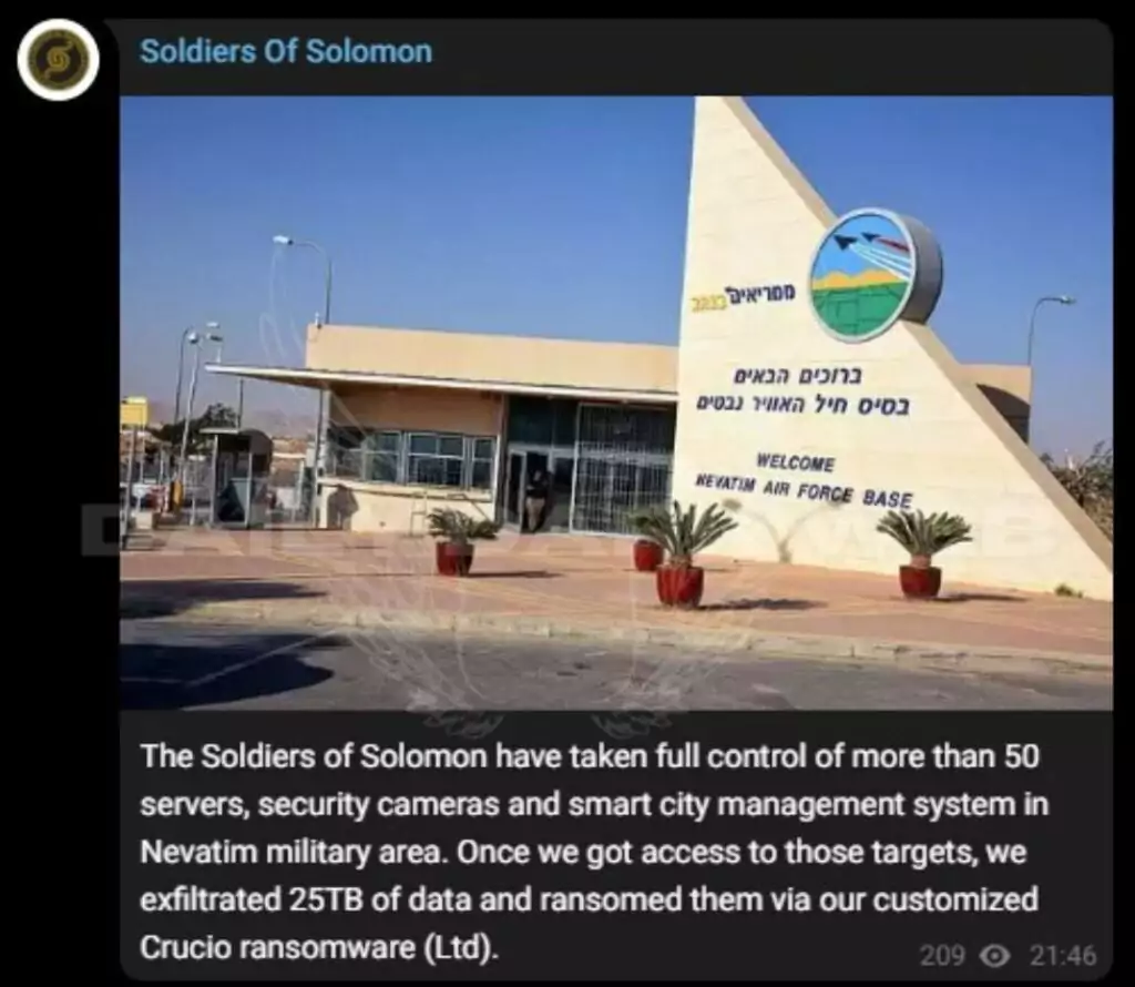 Soldiers of Solomon, claimed to be linked to CyberAv3ngers, claimed to have compromised over 50 servers and other systems in Israel using “Crucio” ransomware.