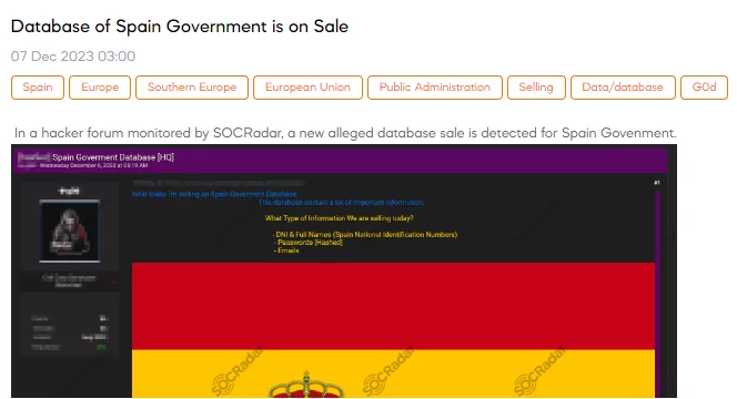 Database of Spain Government is on Sale