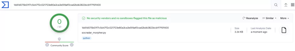 VirusTotal scanning result for our code. It was not marked as malicious.