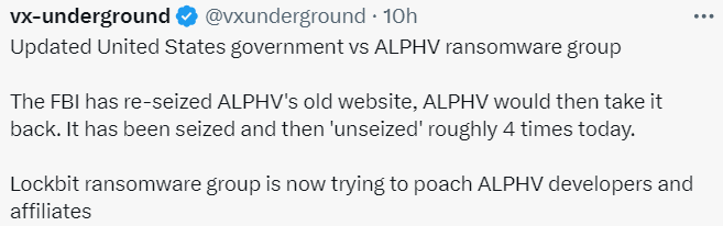 vx -underground’s tweet stating that the site of ALPHV has been seized 4 times (atleast) (X)