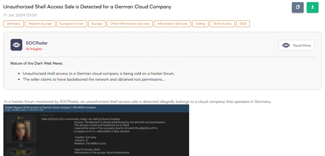 Unauthorized Shell Access Sale is Detected for a German Cloud Company