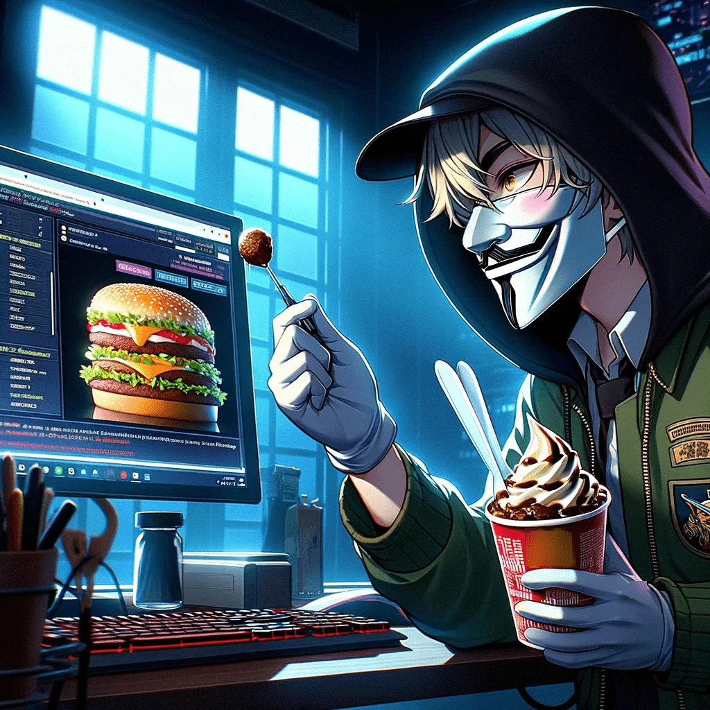 Fig. 1. Illustration of a threat actor wearing a mask is stealthily stealing data from a fast food chain’s computer system. (generated using OpenAI’s DALL-E)