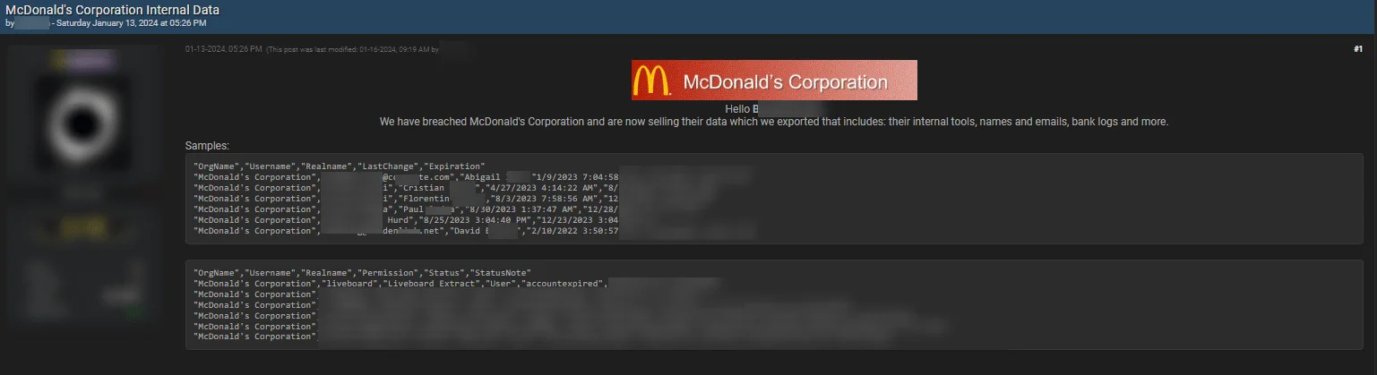 Fig. 10. Threat actor claims to have hacked McDonald’s