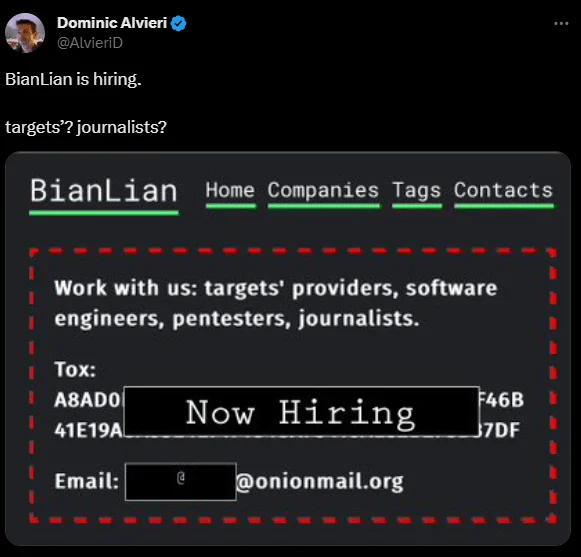 Fig. 2. BianLian’s hiring announcement (Source: X)