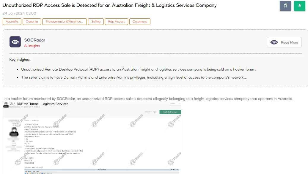 Unauthorized RDP Access Sale is Detected for an Australian Freight & Logistics Services Company