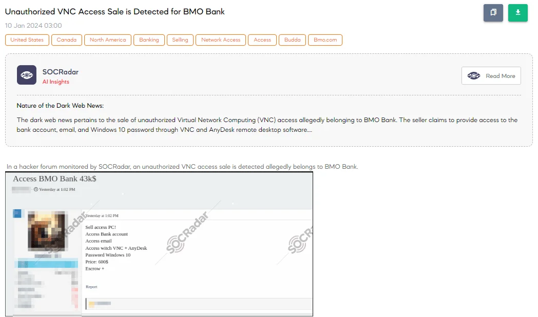 Unauthorized VNC Access Sale is Detected for BMO Bank