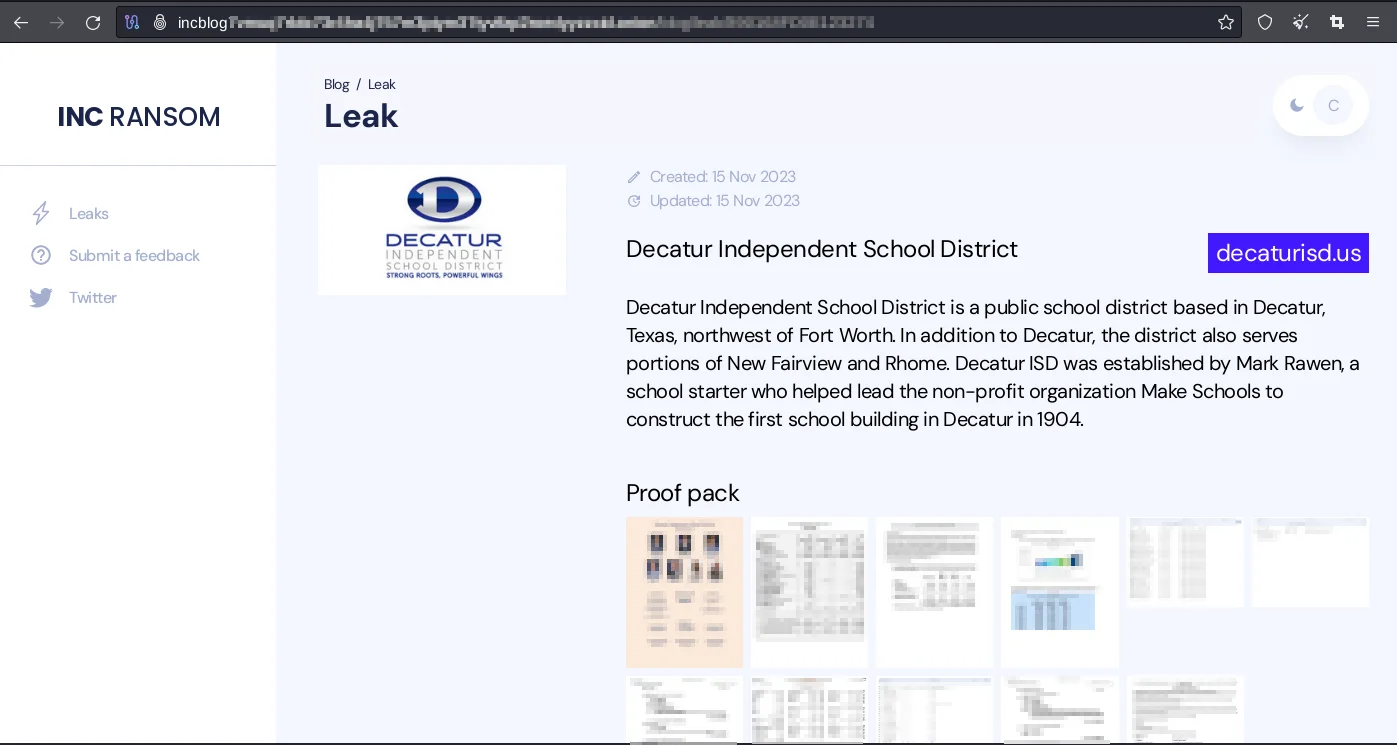 Decatur’s, one of the INC. Ransom’s victim, detailed Leak page