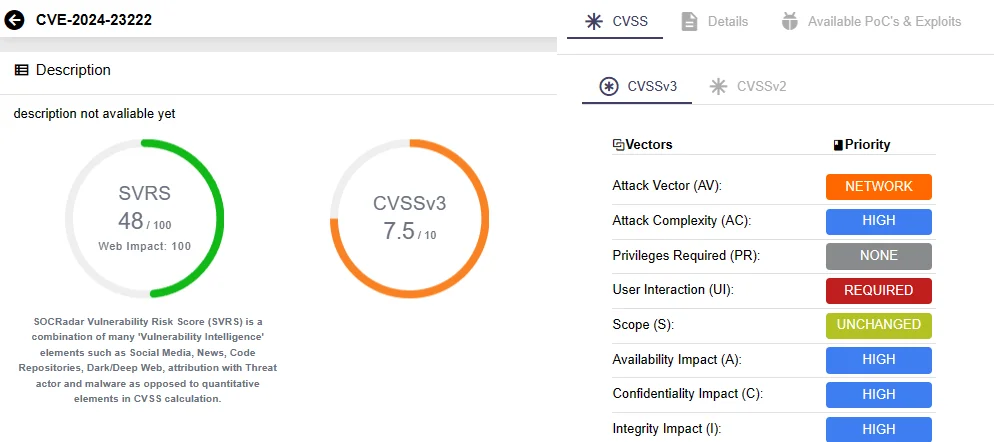 Details of CVE-2024-23222 on SOCRadar Vulnerability Intelligence
