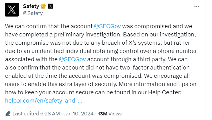 Statement of X about the SEC incident (X)